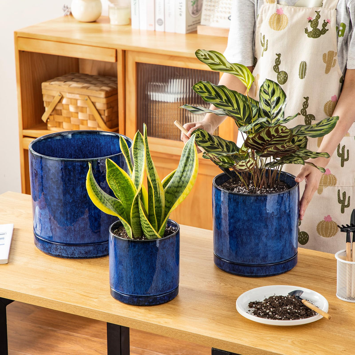 vancasso Ceramic Planters, Plant Pots for Indoor Plants, 6.25+8.25+10.25 Inch Ceramic Pots for Plants, Flower Pots with Drainage Holes (Blue, 6.25+8.25+10.25 Inch)