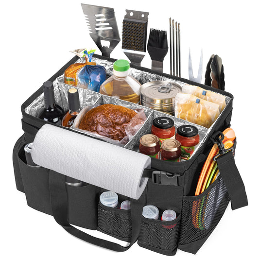 HODRANT Large Grill Utensil Caddy with Paper Towel Holder, Outdoor Picnic Bag Organizer for BBQ Supplies Tool, Tailgating Accessory Basket Camping Gear Must Haves for Cook Essentials, Black, Bag Only