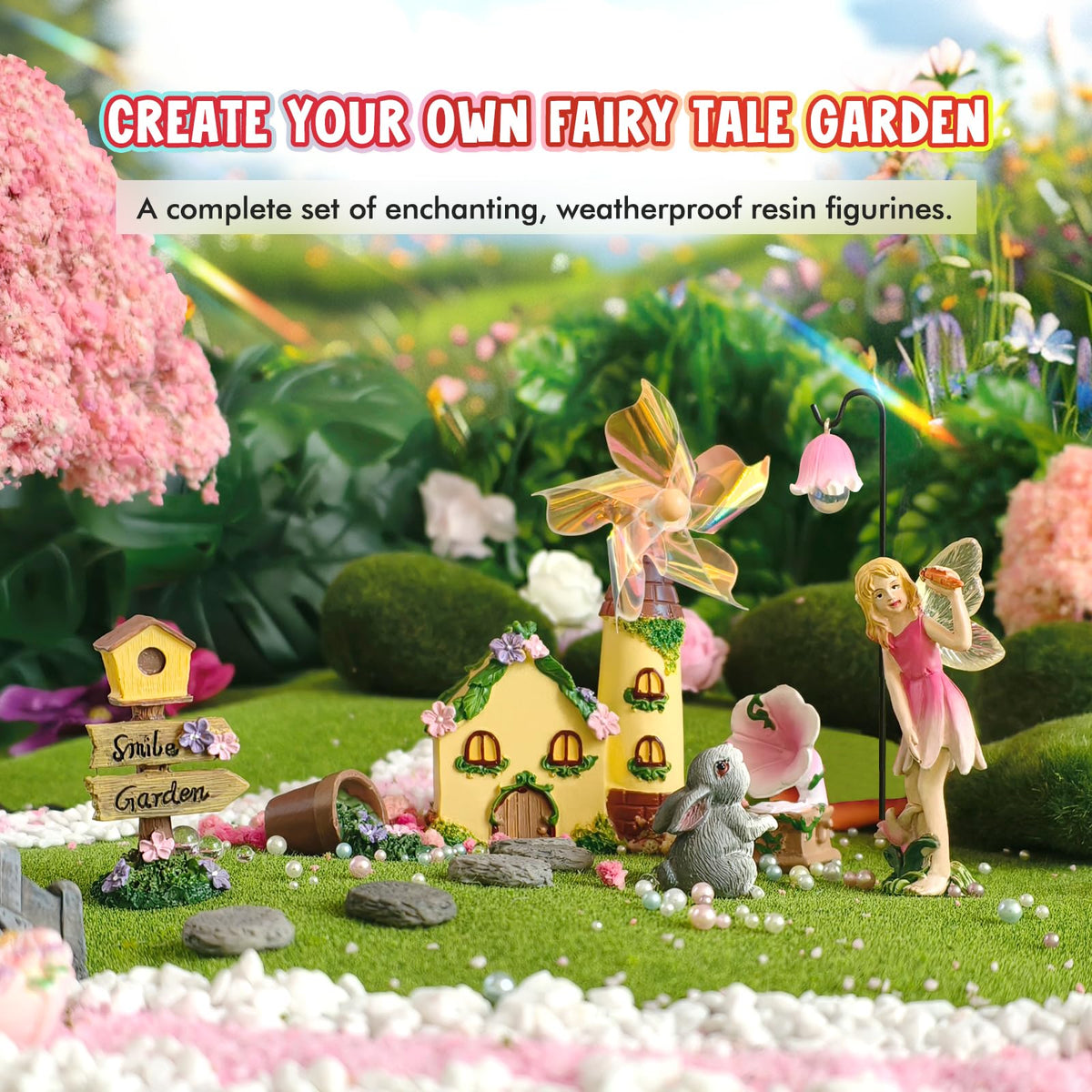 DONABELA Fairy Garden Kit Pink Mini Windmill House Decor Set Rabbit Flower Pot Supplies Signpost CD Player Resin Figurines Accessories Gift Indoor Outdoor Yard