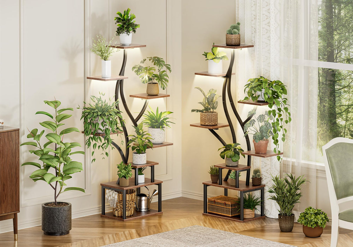 PRAISUN 51.3 Inch Plant Stand with Grow Light, 6 Tiered Indoor Plant Shelf with Larger Flower Holder, Pine-Shaped Stand, 3 Light Modes, Open Base, Corner Plant Rack for Living Room, Rustic Brown