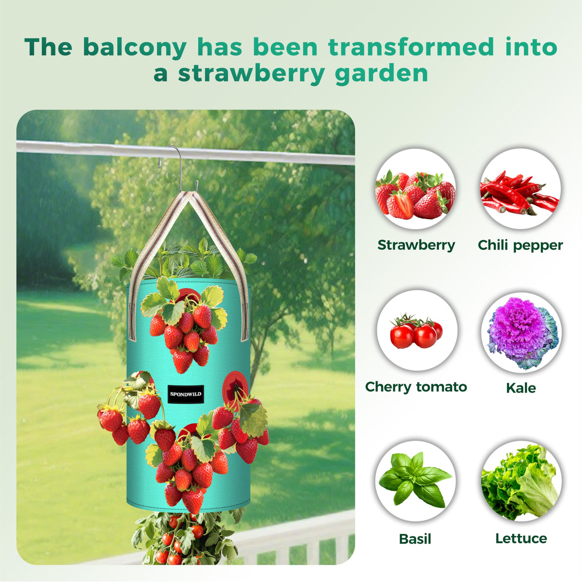 SPONDWILD 3 Pack 3 Gallon Hanging Strawberry Planter Bags, 12 Holes PE Grow Bags with Bottom Drainage, Reusable Vertical Planters for Small Space Gardening(Green)