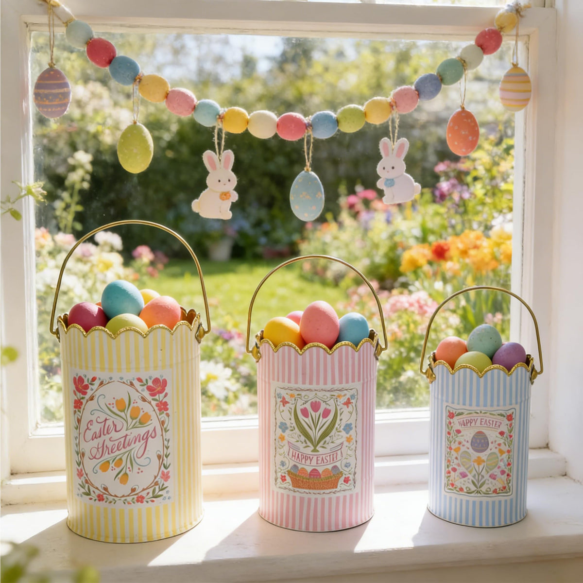 Zorvynelle Set of 3 Metal Bucket with Handle Decorative Floral Basket Bucket Cute Striped Design Flower Planter for Easter, Gift Baskets, Garden & Home Decor