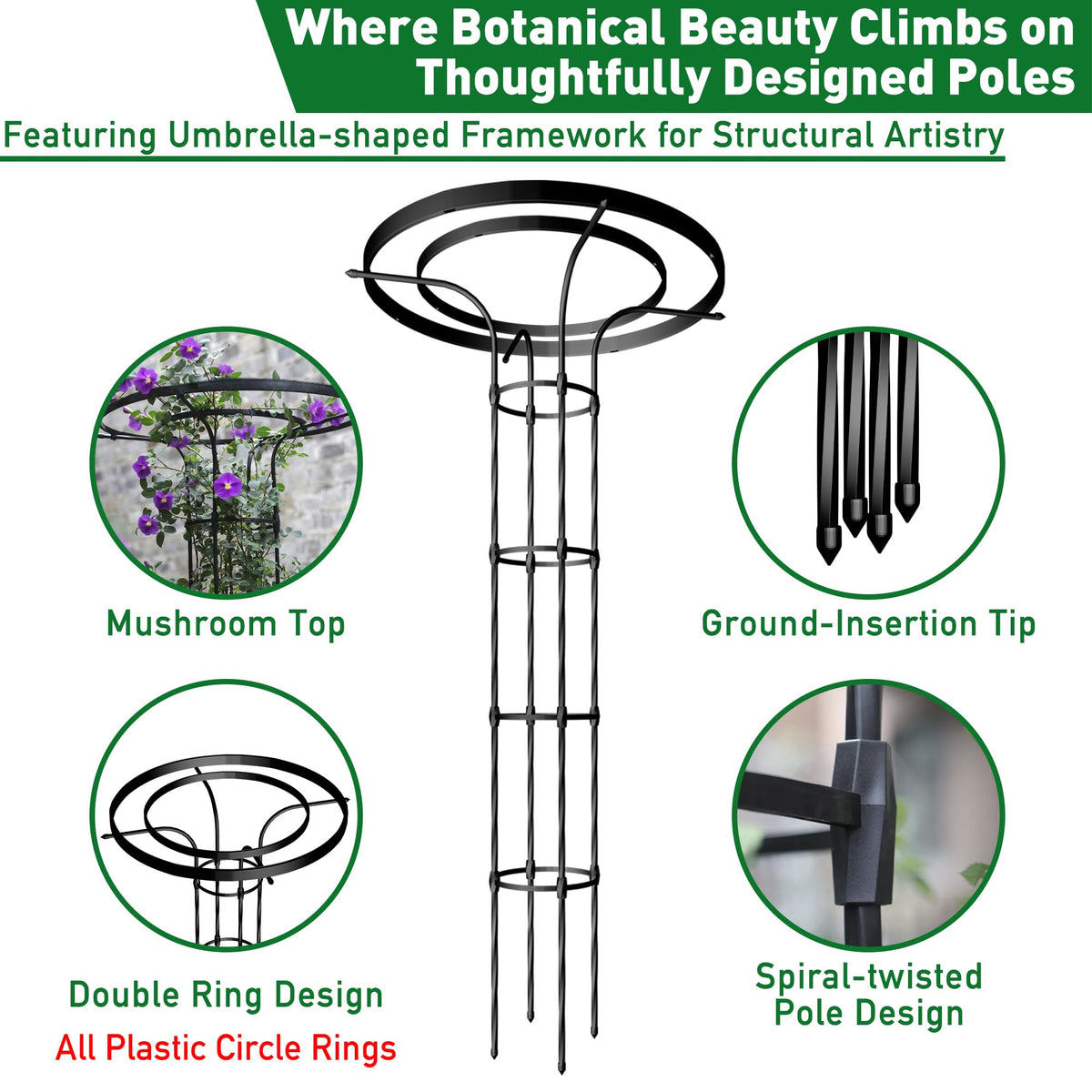 Carotex Mushroom Top Trellis for Climbing Plants Outdoor, 5.74FT Decorative Obelisk Plant Support with Rustproof PE-Coated Metal Poles, Rose Trellis for Clematis Ivy, Black