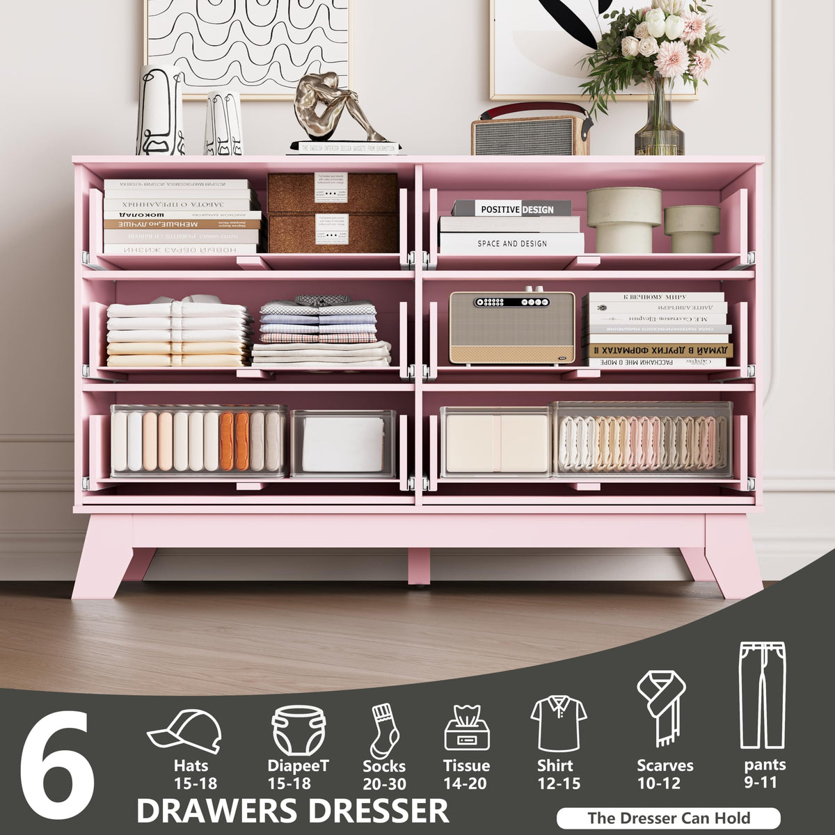 6 Drawer Dresser for Bedroom, Fluted Dressers Chest of Drawers with Gold Handle, Mid Century Modern Dresser for Closet, Wood Closet Storage Organizer Furniture for Bedroom, Living Room, Hallway, Pink