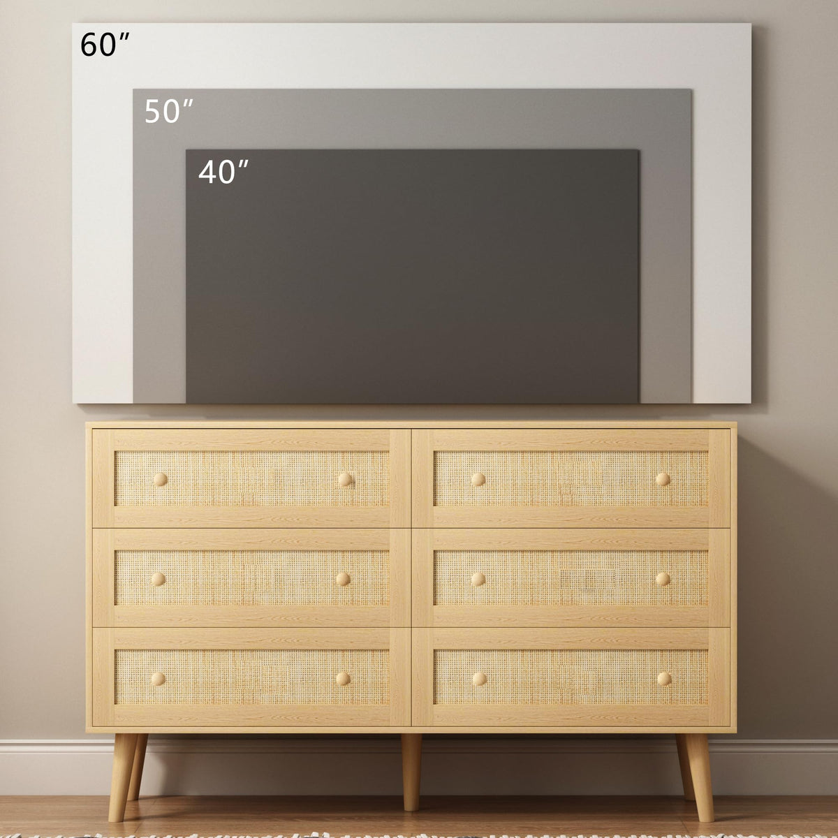 HUANLEGO Rattan Dresser for Bedroom, Modern 6 Drawer Dressers & Chest of Drawers, Natural Boho Dresser with Handles Wood Storage Organizer Modern Dressers for Closet, Hallway, Office