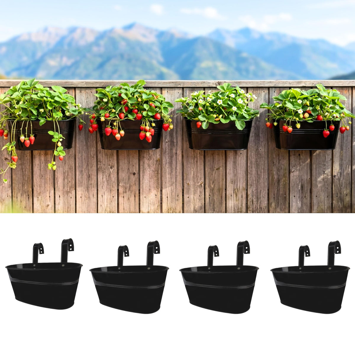 LaLaGreen Wall Planter (11.8 Inch, 4 Pack) Black Oval Metal Wall Hanging Decor Flower Plant Holder Indoor Planters Mounted Balcony Pots Railing Fence Window Deck Decoration Porch Plants Pot Baskets