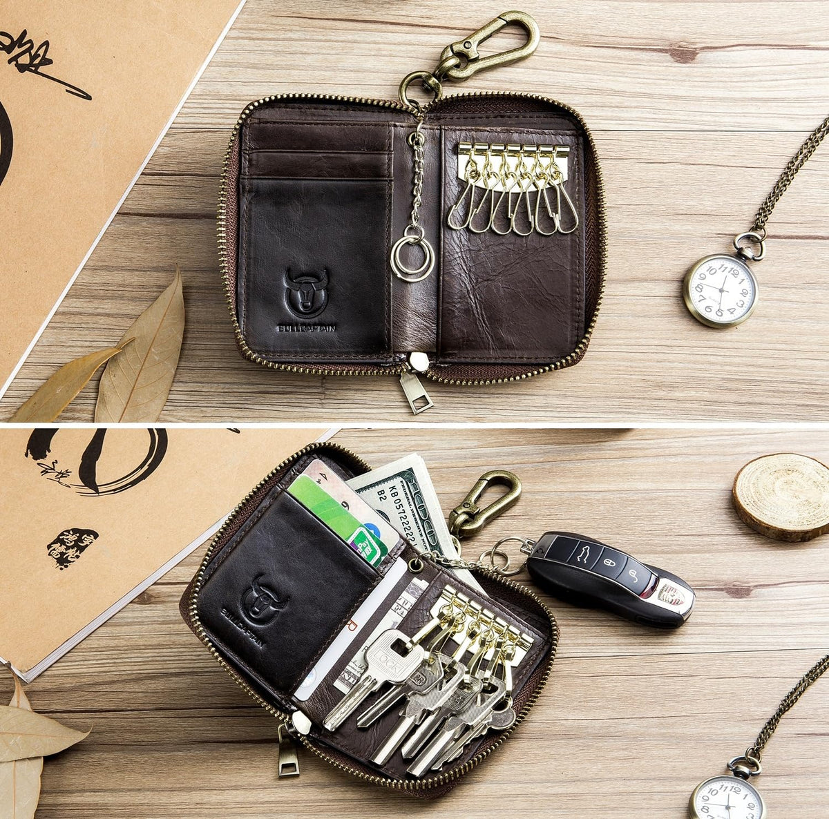 Men's Zipper Key Organizer Rfid Wallet with 6 Hooks Leather Key Holder Case (Dark brown)