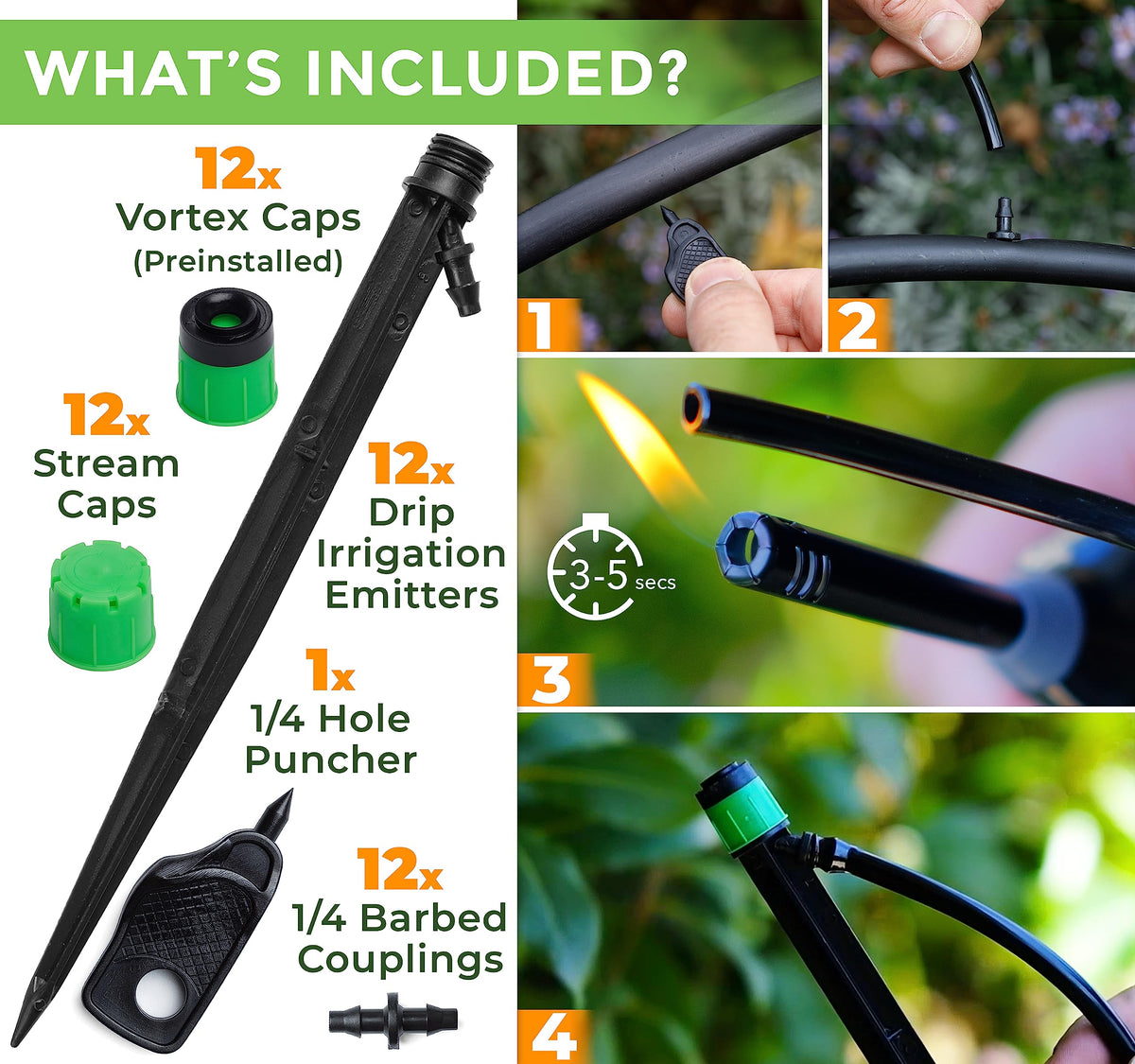 CARPATHEN 12pcs Drip Irrigation Emitters - Compatible with ¼ inch Drip Irrigation Tubing - 360 Degree Adjustable Flow Garden Irrigation Drippers for Drip Irrigation System - Spare Parts Included