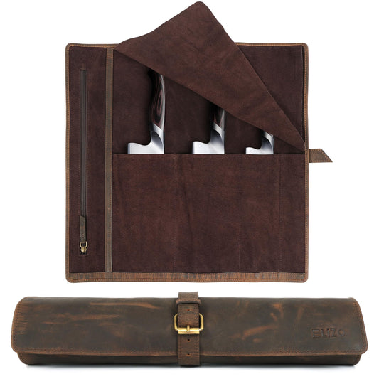 ELIZO Leather Knife Roll Chef Knife Bag Professional Chef Knifes Roll Bag Travel Storage Carrying Case Wrap Holder Sheath Kitchen Carrier Protectors Sleeve Tool Chefs Gift Grizzly