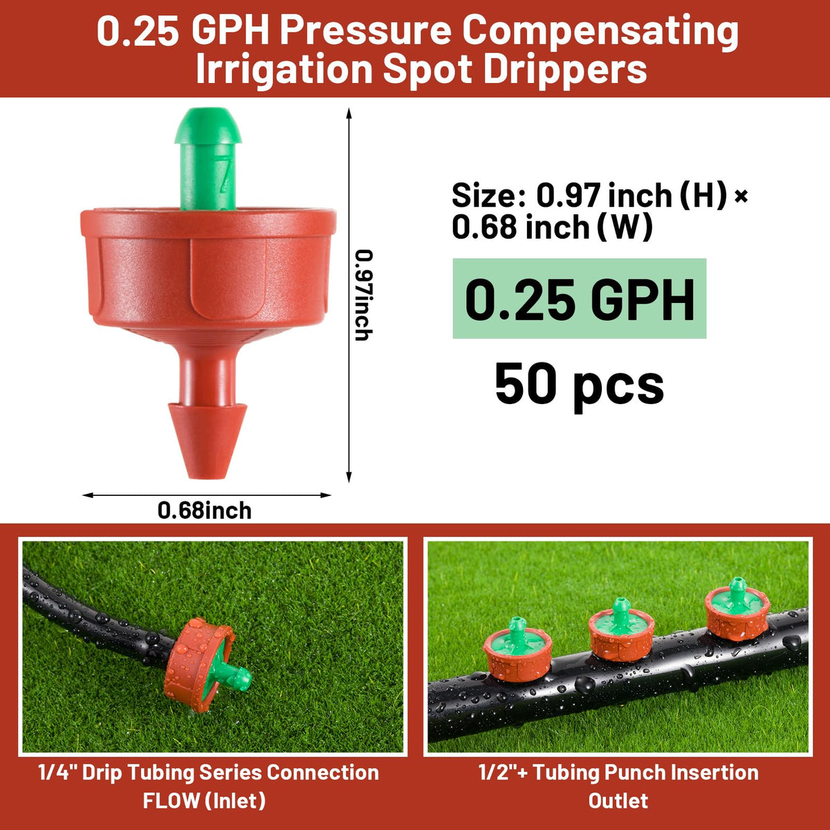 50 PCS 0.25 GPH Pressure Compensating Drip Irrigation Spot Watering Drippers/Emitters, Anti-Clog Self-Cleaning Drip Irrigation Emitters Heads Irrigation Drippers Parts for Seedlings, Mini Gardens