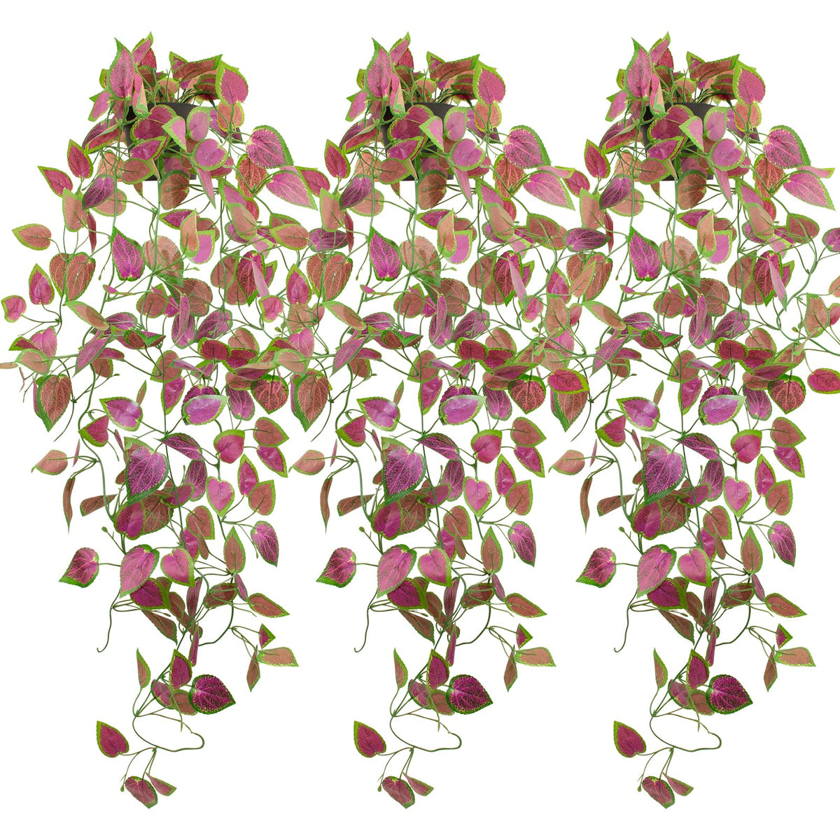 LOYWREE 3 Pack Artificial Purple Ivy Hanging Vine Plants - Small Potted Long Trailing Cascading Foliage, Gothic Home Decor for Indoor/Outdoor, Office, Garden & Shelf (Black Pot Included)