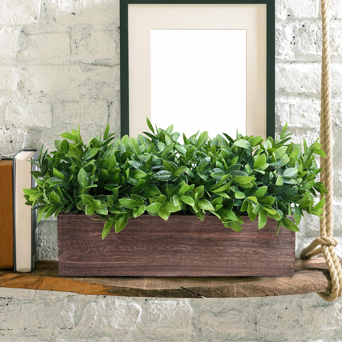 Winlyn 14" Artificial Boxwood Plants in Rectangular Wood Planter Farmhouse Greenery Arrangement Centerpiece Faux Potted Herb Plant for Wedding Dining Room Table Kitchen Windowsill Mantel Shelf Décor