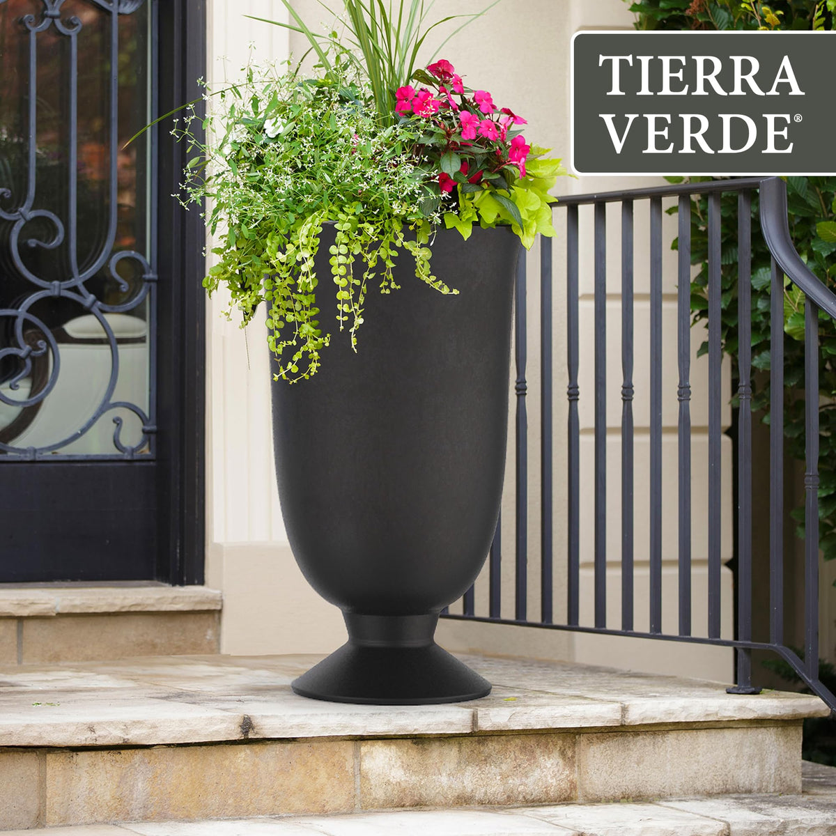 Tierra Verde Indoor & Outdoor Self-Watering Urn Planter, Cadence, 14" x 23", Black - Planting Containers for Plants and Flowers - Gardening and Landscaping Accessories