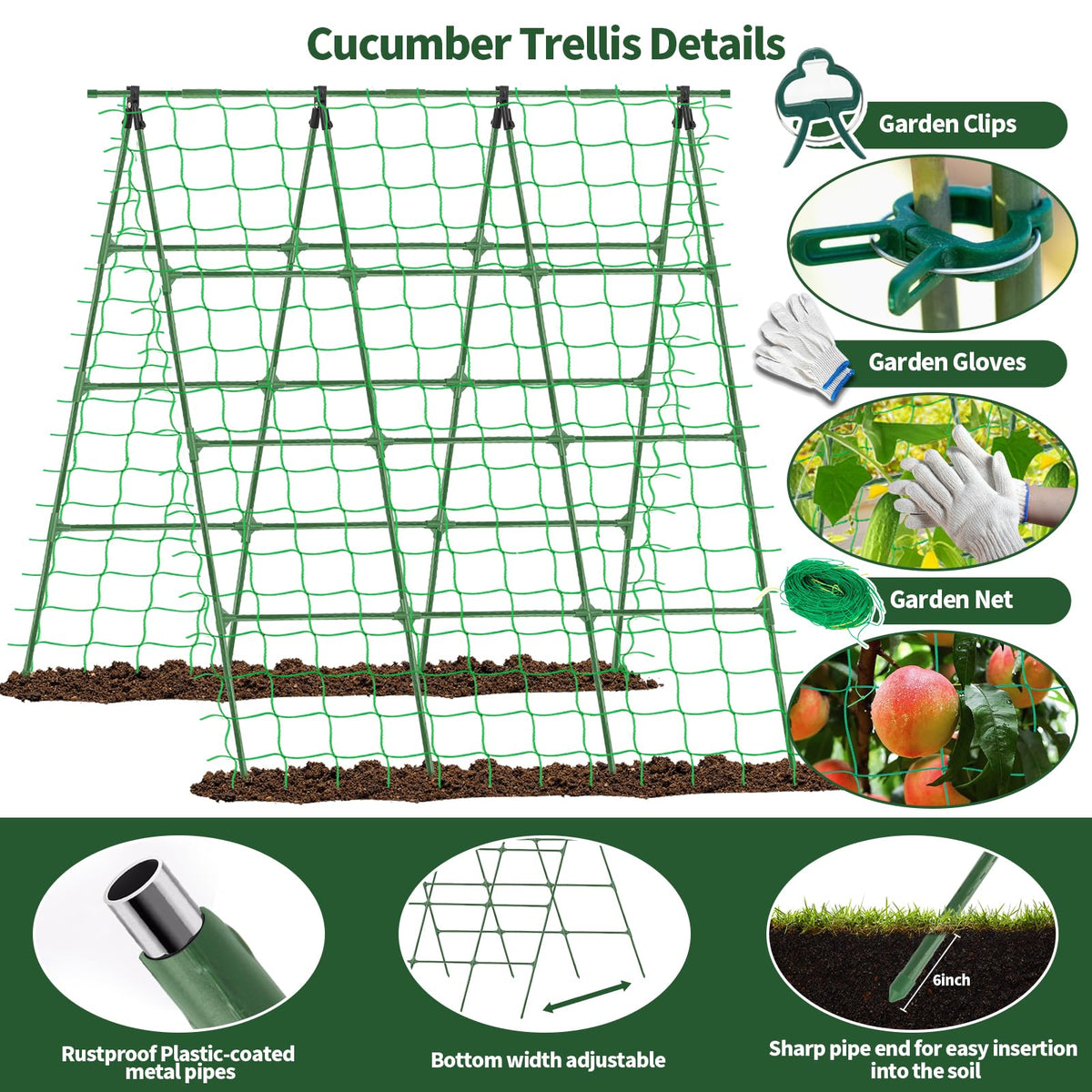 A-Frame Cucumber Trellis for Raised Bed - 63”H x 47”W, Heavy-Duty Detachable Garden Trellis with Netting & Clips, Support for Climbing Outdoor Cucumber, Tomatoes, Luffa, Bitter Melon, Vining Flowers