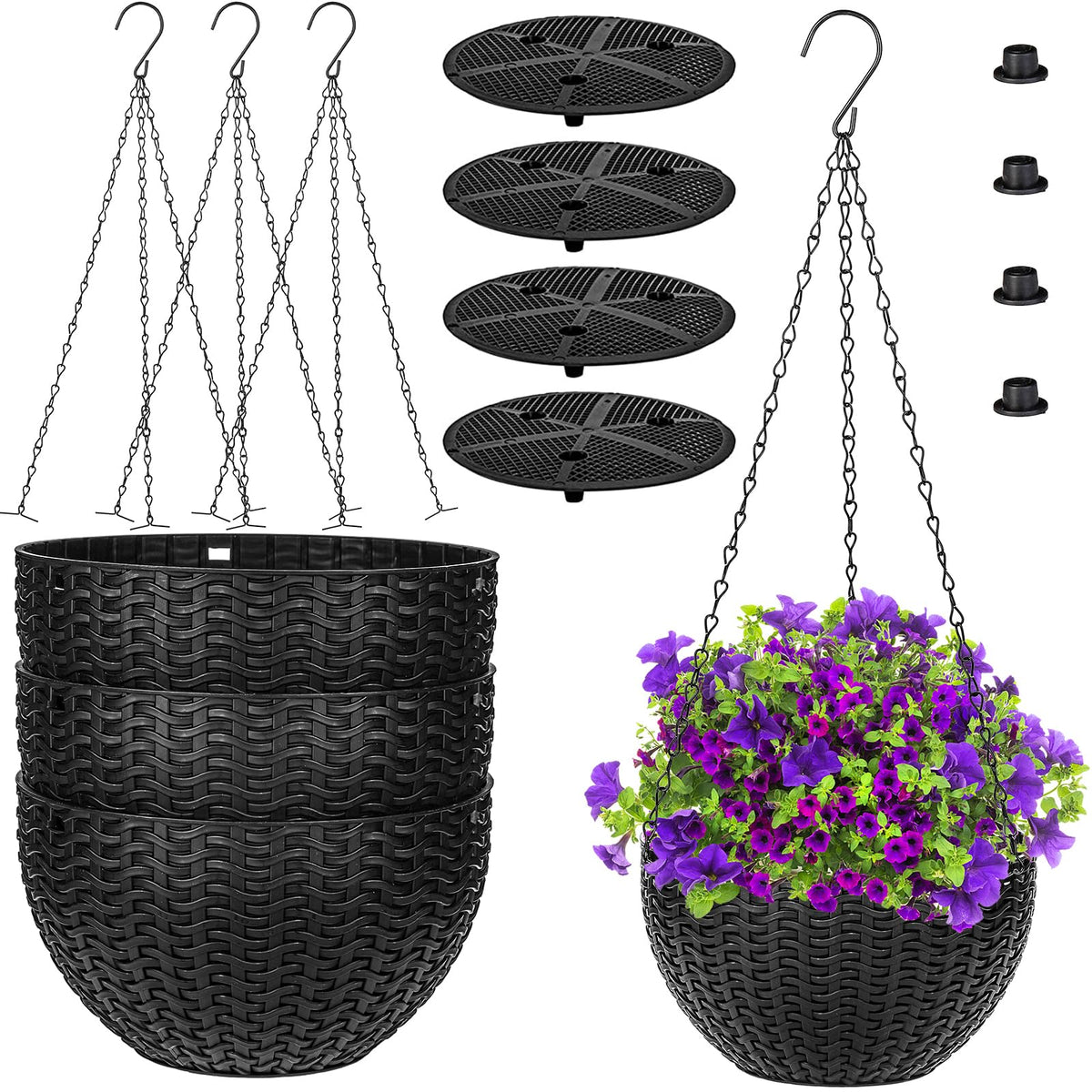 Foraineam 4 Pack Black Hanging Planters, 8.2 inch Hanging Flower Basket Planter Pots, Garden Plant Pot Container, Balcony Patio Hanging Basket Planters with Drainage Hole for Indoor and Outdoor Use
