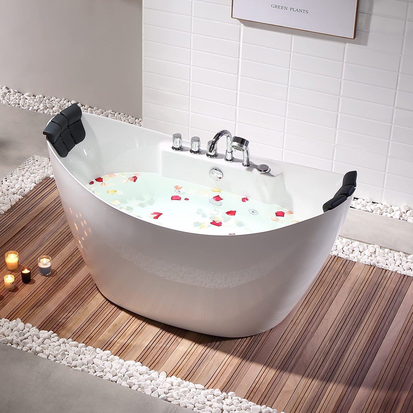 Empava 68 in. Acrylic Freestanding Tub Hydromassage Gracefully Oval Shaped Whirlpool 8 Water Jets Soaking SPA, Double-Ended Massage Bathtub with 2 Black Pillows , White