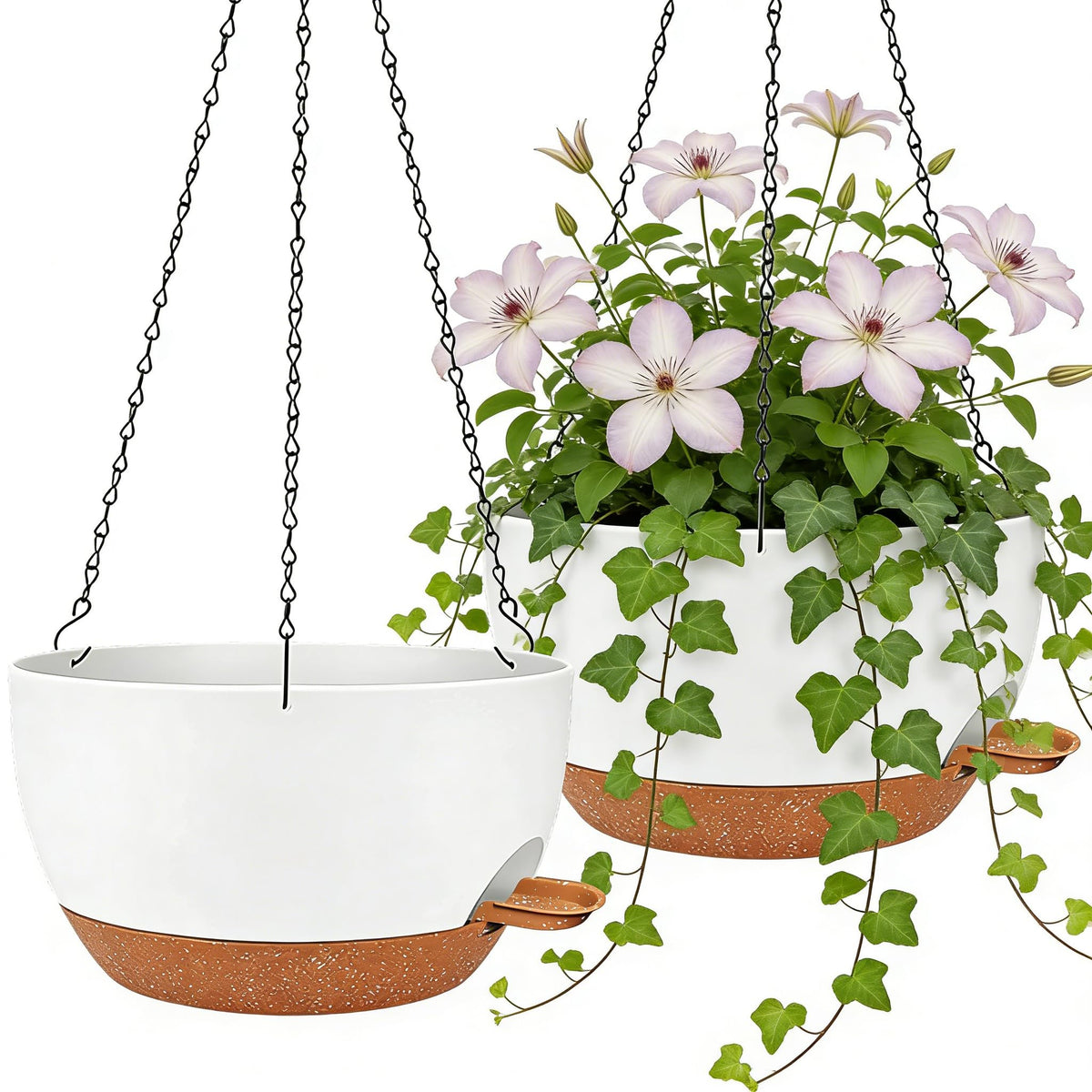 zople 2 Pack 12 Inch Self Watering Hanging Planters for Indoor Plants, Large White Brown Plastic Hanging Pots with Chains for Outdoor Patio Garden Home Decor White Brown