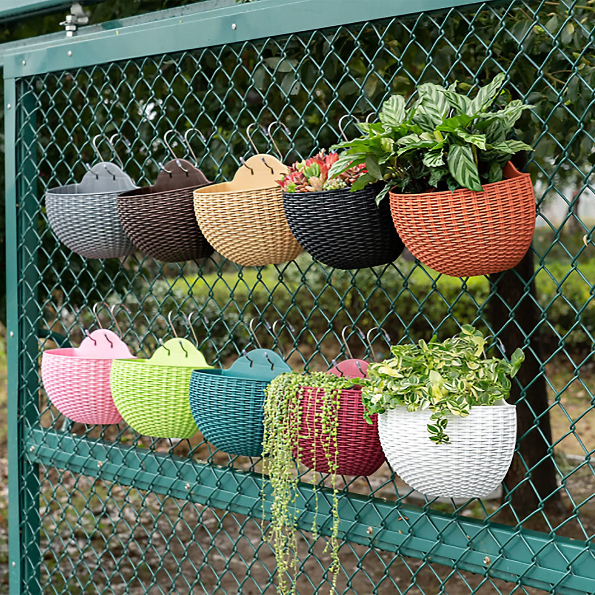 Hanging Planter Pot, Wall and Railing Hanging Planters with S Hooks, Half Round Imitation Rattan European Style Wall Flowerpot Rustic Decorative Flower Basket for Home Balcony(#21*16.5cm Dark green)