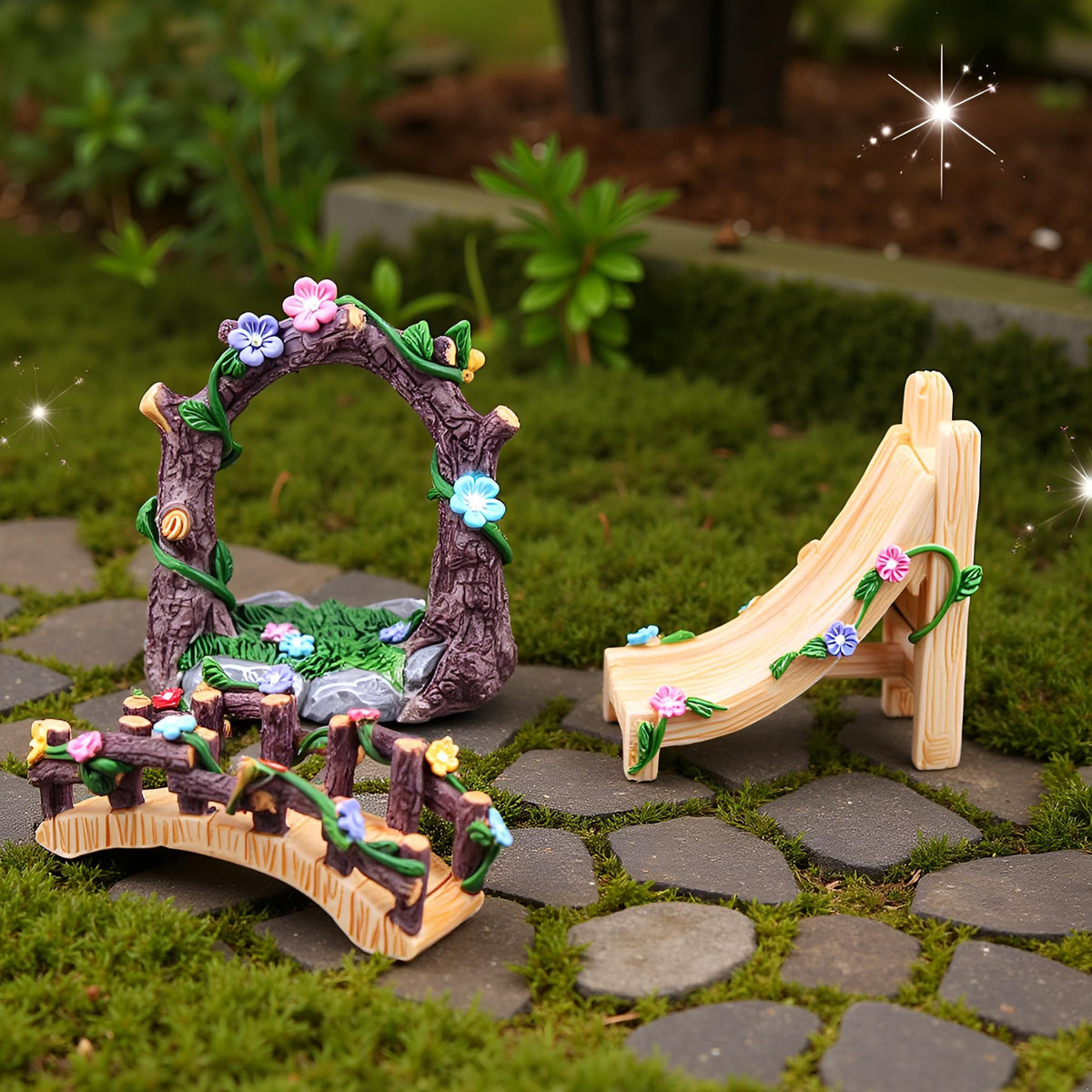 Kai Dream Miniature Fairy Garden Accessories Set, 3 Piece Resin Decorative Landscape Kit with Arch, Bridge and Slide, Floral Garden Ornaments