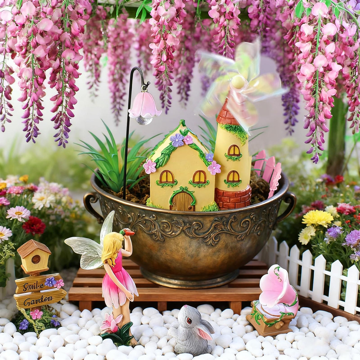 DONABELA Fairy Garden Kit Pink Mini Windmill House Decor Set Rabbit Flower Pot Supplies Signpost CD Player Resin Figurines Accessories Gift Indoor Outdoor Yard