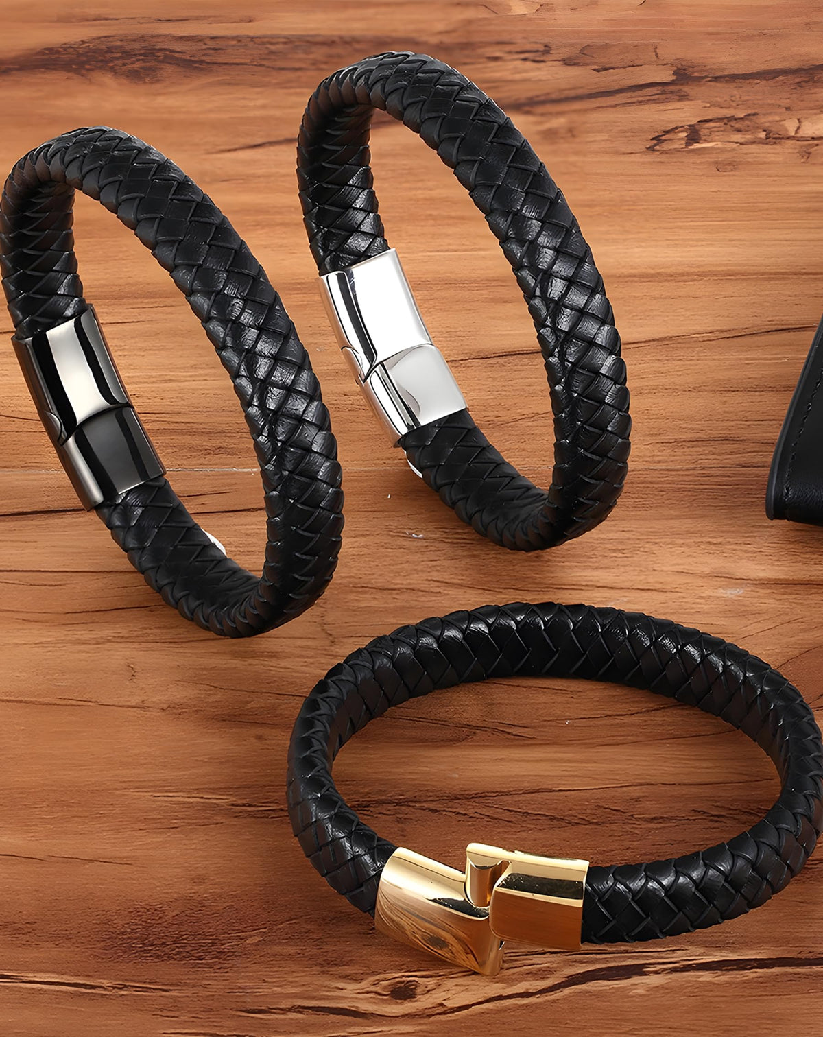 Deerllia Leather Bracelet for Men, Braided Cuff with Stainless Steel Clasp Stacked Multi Style Color Anniversary Father's Day Birthday Christmas Jewelry Gifts for Him, Black Clasp Black Leather