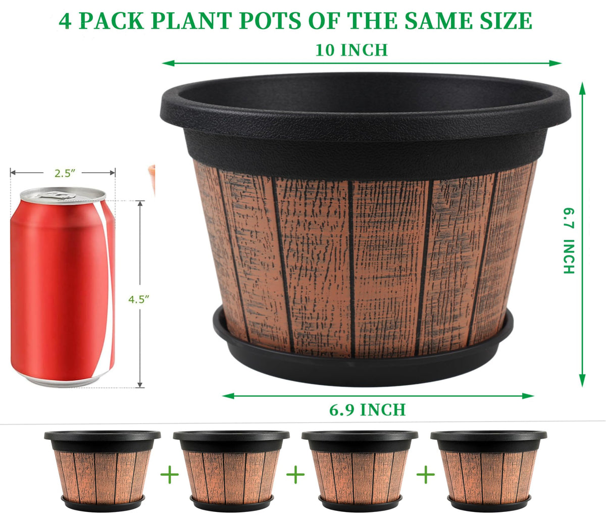Quarut 4 Pack 10 inch Plant Pots,Upgrade Whiskey Barrel Planters with Drainage Holes & Saucer,Plastic Decoration Flower Pots Retro Design,Planters for Outdoor Indoor Garden Home Plants (Brown)
