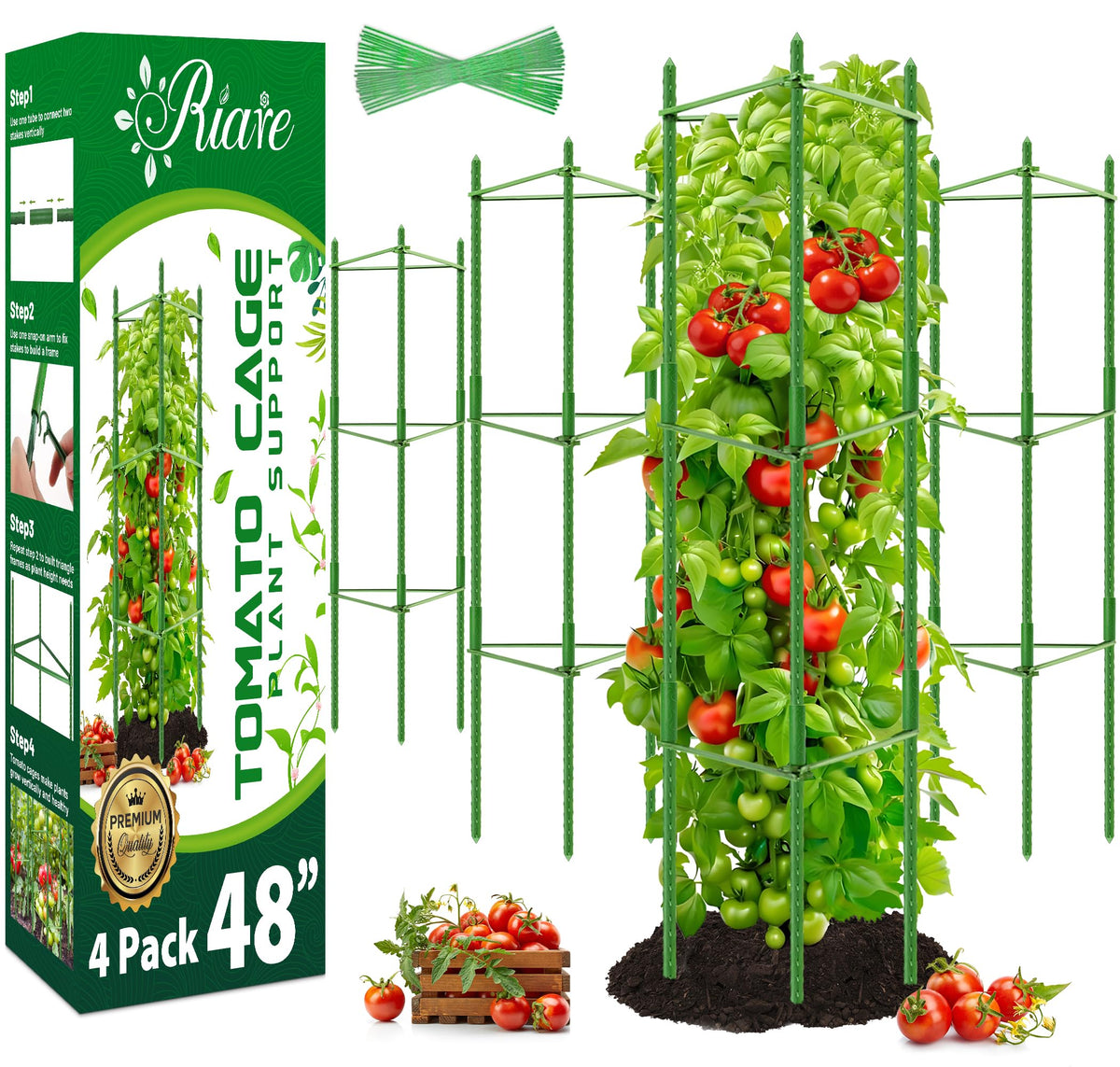 Riare 4 Pack 4 FT Tomato Cages for Garden- 48inches Heavy Duty Tomato Stakes and Supports, Adjustable Tall Tomato Plant Support Trellis for Pots, Raised Garden Bed, Climbing Vegetables Plants