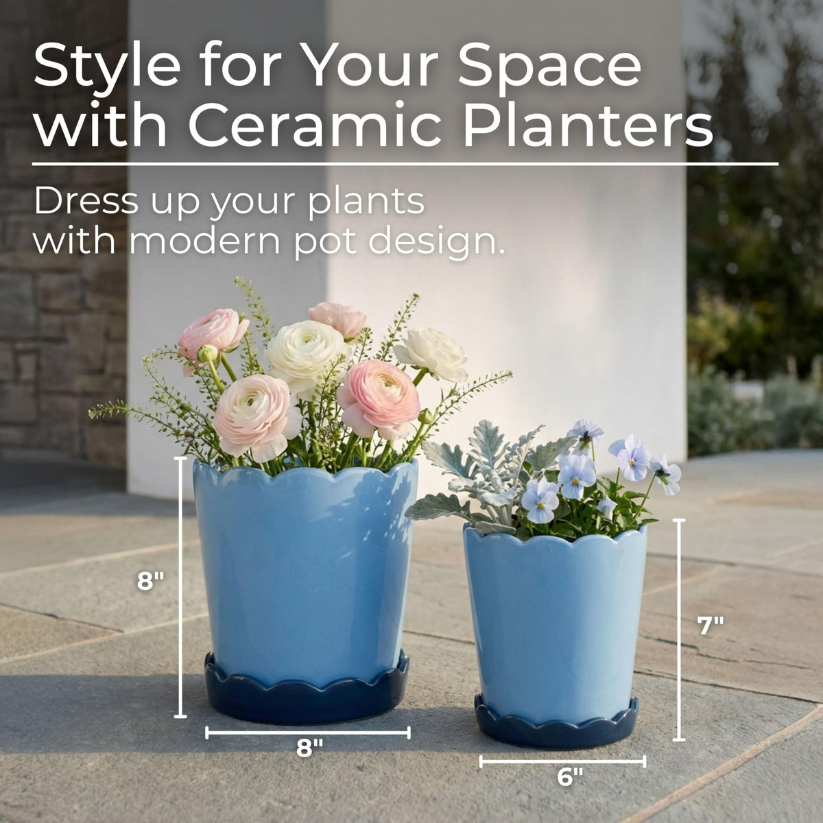 Modern Ceramic Flower Pots for Home Decor Accent - Scalloped Edge Planters and Pots for Plants with Glazed Design - Glossy Planters for Indoor and Outdoor Display - Set of 2, 8", 7", Blue