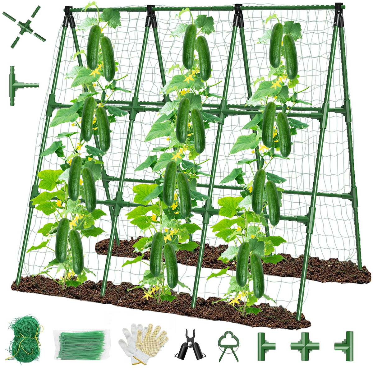 51" x 53" Cucumber Trellis for Raised Bed, A-Frame Garden Trellis for Climbing Plants Outdoor, Rust-Proof Metal Support for Tomato, Peas, Beans, Zucchini & Vines, with Netting & Clips