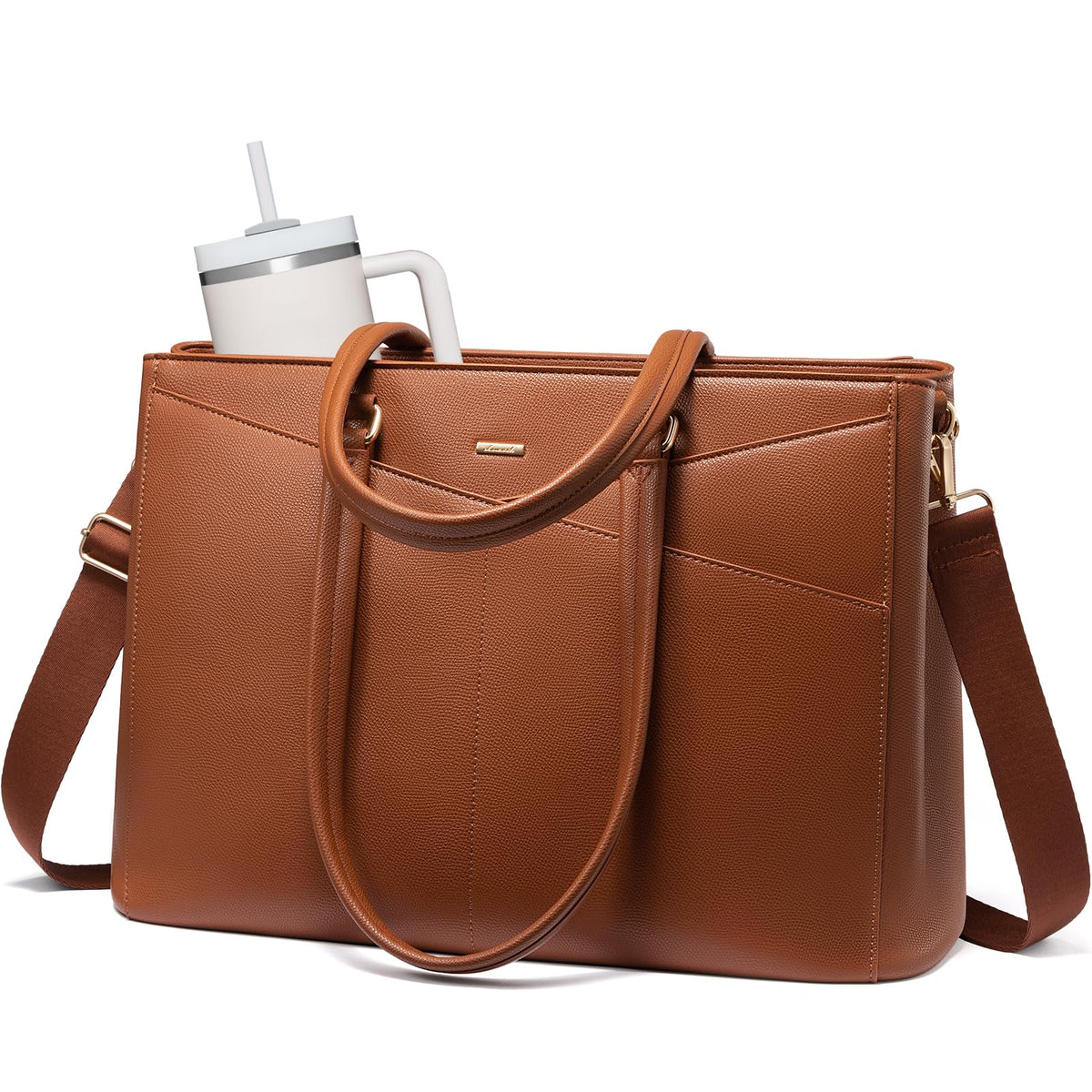 LOVEVOOK Laptop Tote Bag for Women 15.6 Inch Leather Work Bags with Large Cup Holder for Teacher Work Business,Brown