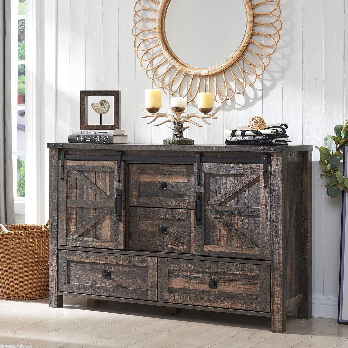 T4TREAM 48'' Farmhouse Dresser w/4 Drawers & 2 Sliding Barn Doors, Tall Chest of Drawers Organizer, Rustic Dresser TV Stand w/Adjustable Shelf for Bedroom, Living Room, Nursery Room, Dark Rustic Oak