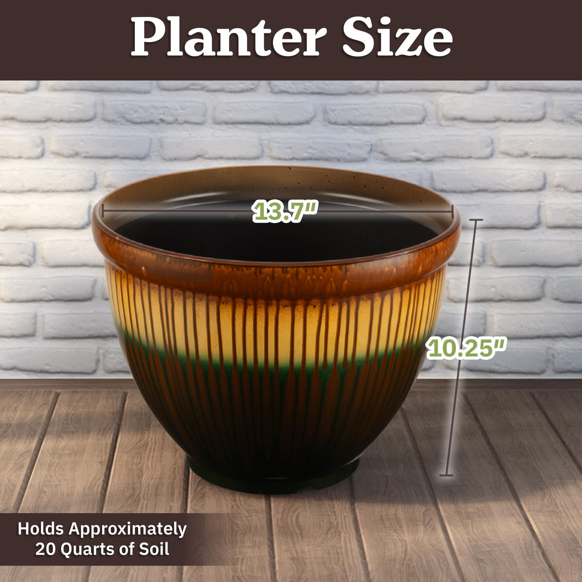 Plastic Plant Pot with Glazed Pottery Finish and Drainage - 13.7” Large Planters for Indoor Plants or Outdoor Garden - UV Resistant Decorative Flower Pot Faux Ceramic Planter by Pure Garden (Bronze)