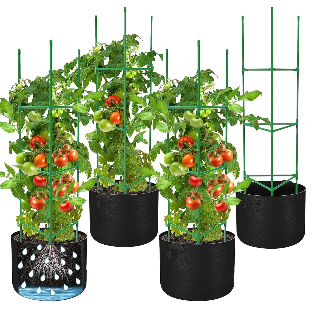 4 Packs 47 x 12 Inch Garden Tomato Cages with Grow Bags- Triangle Plant Support Trellis Assembled with Planter Bags- Garden Cucumber Vegetables Frames for Vertical Climbing Plants
