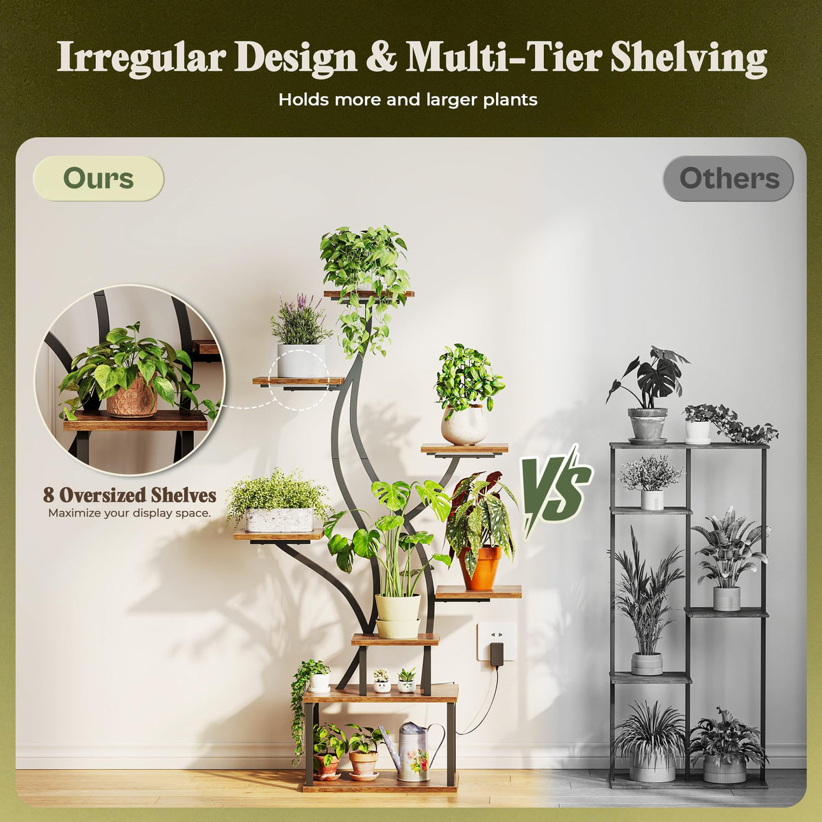 PRAISUN 51.3 Inch Plant Stand with Grow Light, 6 Tiered Indoor Plant Shelf with Larger Flower Holder, Pine-Shaped Stand, 3 Light Modes, Open Base, Corner Plant Rack for Living Room, Rustic Brown