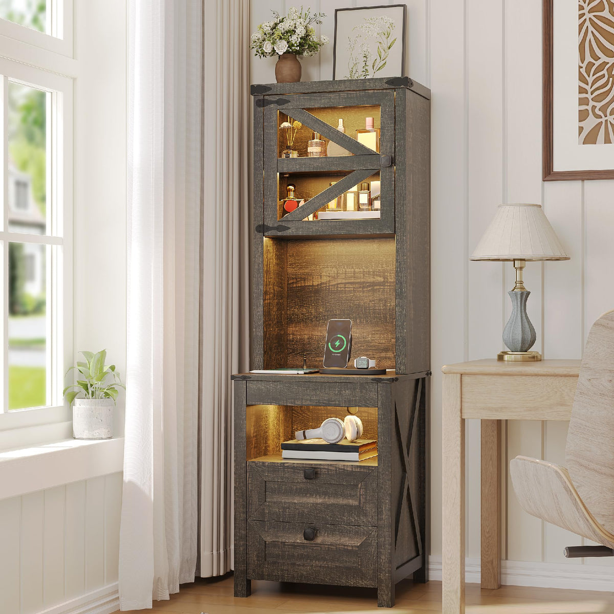 HWB Tall Night Stand with Charging Station and LED Lights, Farmhouse Nightstand with Gun Drawer&Adjustable Shelf, Bedside Table with 3 Drawers for Bedroom, Rustic Brown