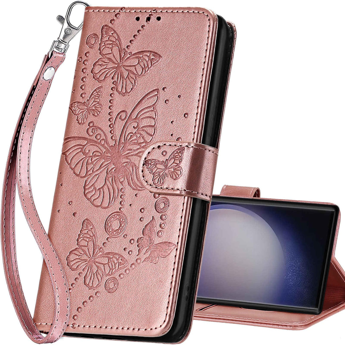 SASYMALY for Samsung Galaxy S24 Ultra Wallet case, Flip Folio Cover with Stand Feature for Women Men, PU Leather Phone Case Fit for Samsung Galaxy S24 Ultra [Rose Gold-Butterfly]