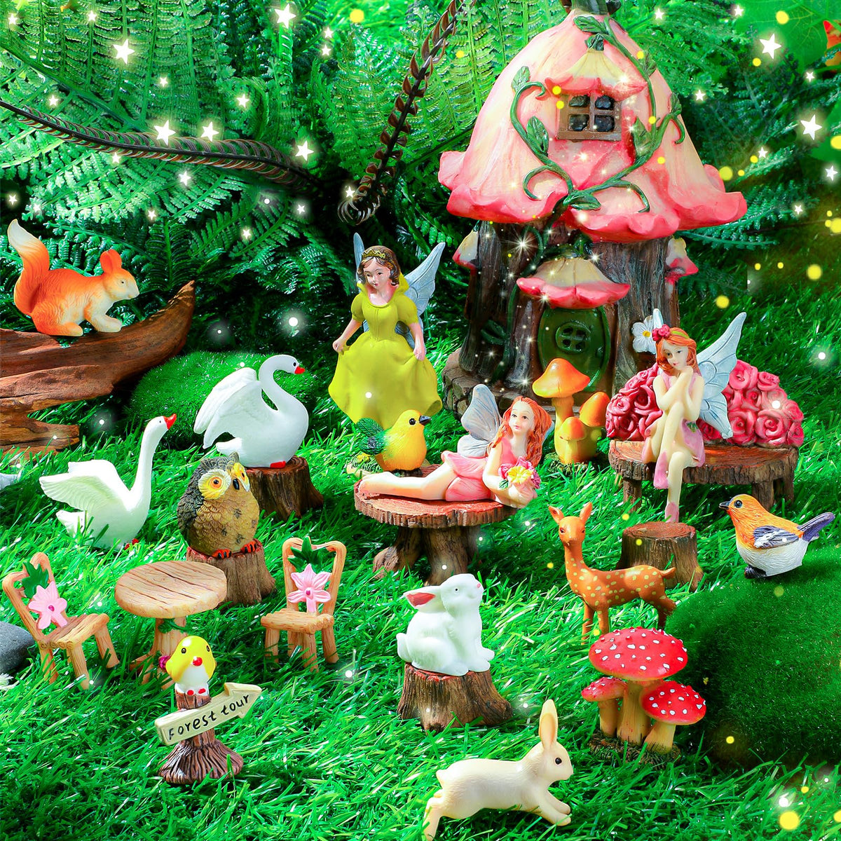 Soaoo 25 Pcs Fairy House Garden Figurines Kit Spring Garden Decor Easter Basket Decoration Spring Decoration Outdoor Wildflower Butterfly Fairy Mushroom Party Supplies Micro Landscape Ornaments
