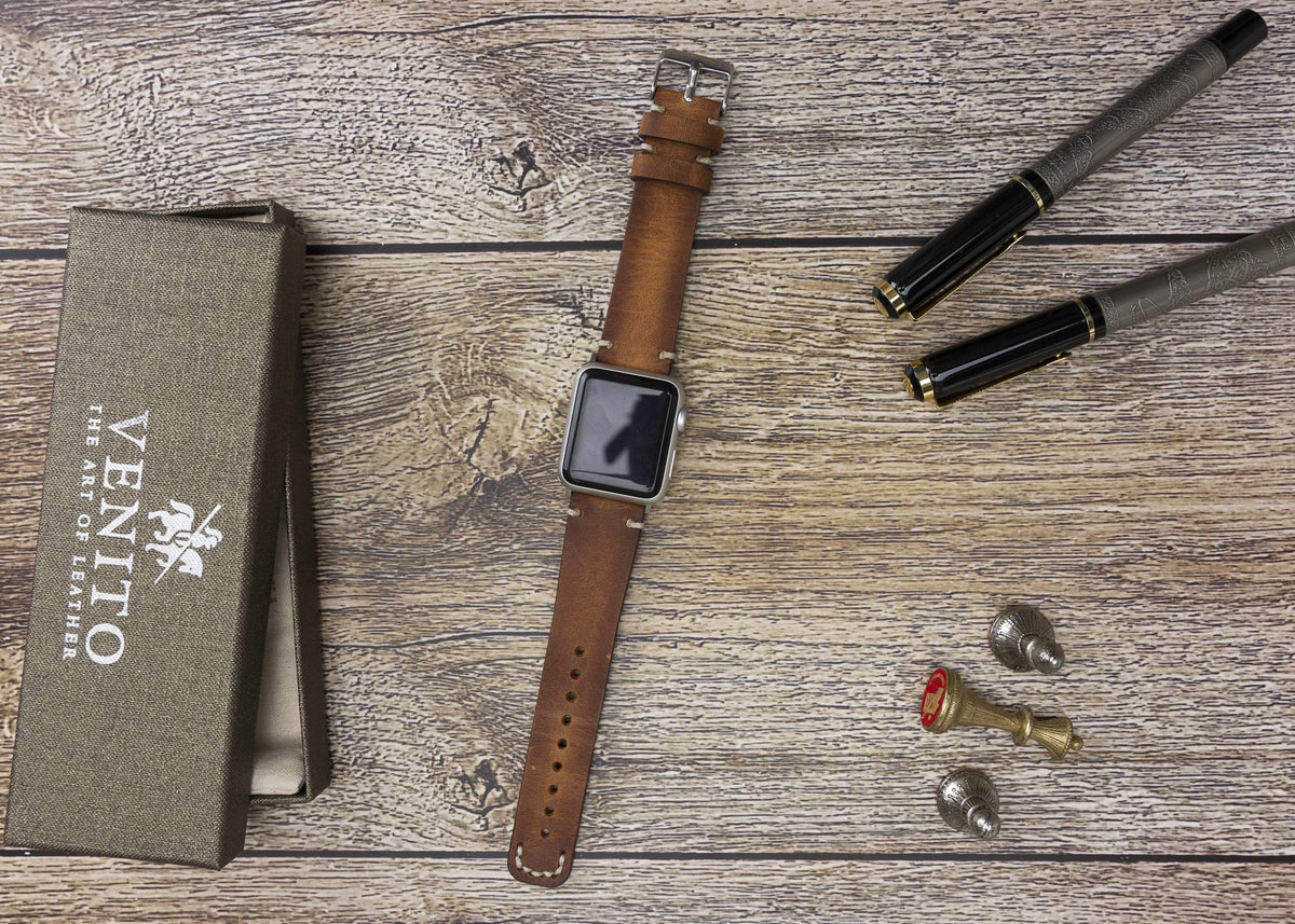 Venito Sarno for Apple Watch Band 41mm 40mm 38mm Handmade Premium Leather Watch Band Compatible with iWatch Series 10 9 8 7 6 5 4 3 2 1 SE (Antique Brown w/Silver Stainless Steel Hardware)
