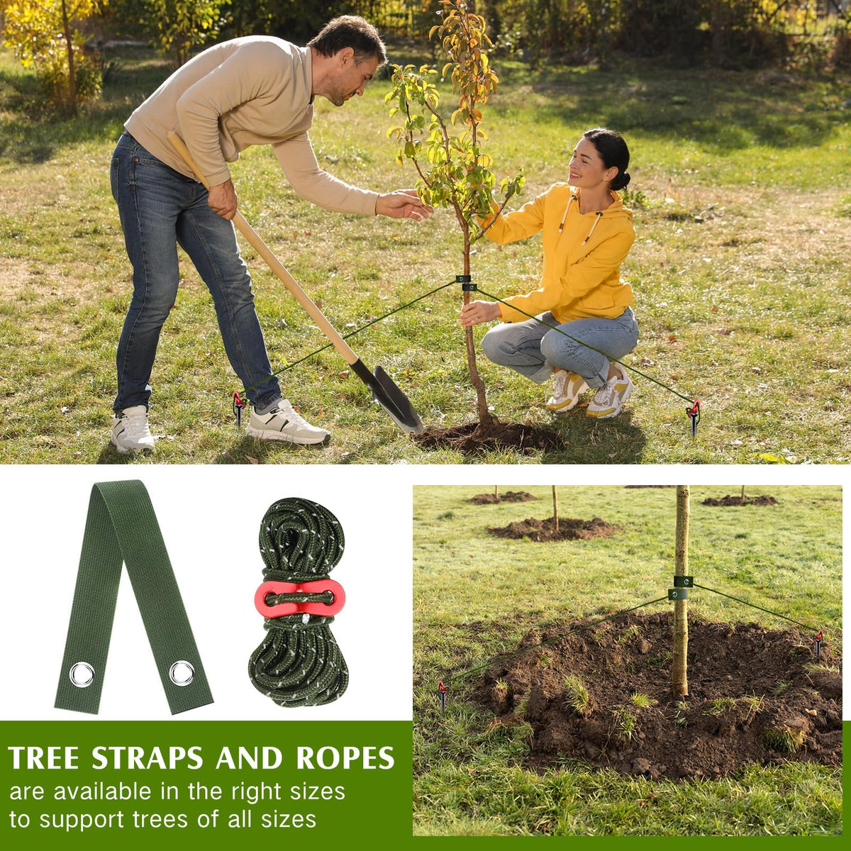 Sintuff 9 Set Heavy Duty Tree Stake Kit 15.75 Inches/ 40 cm Tree Straps for Staking and 13.12 ft/ 4 m Dock Lines Rope for Support Anchoring Home Leaning Plant Straightening Garden Tent (Army Green)