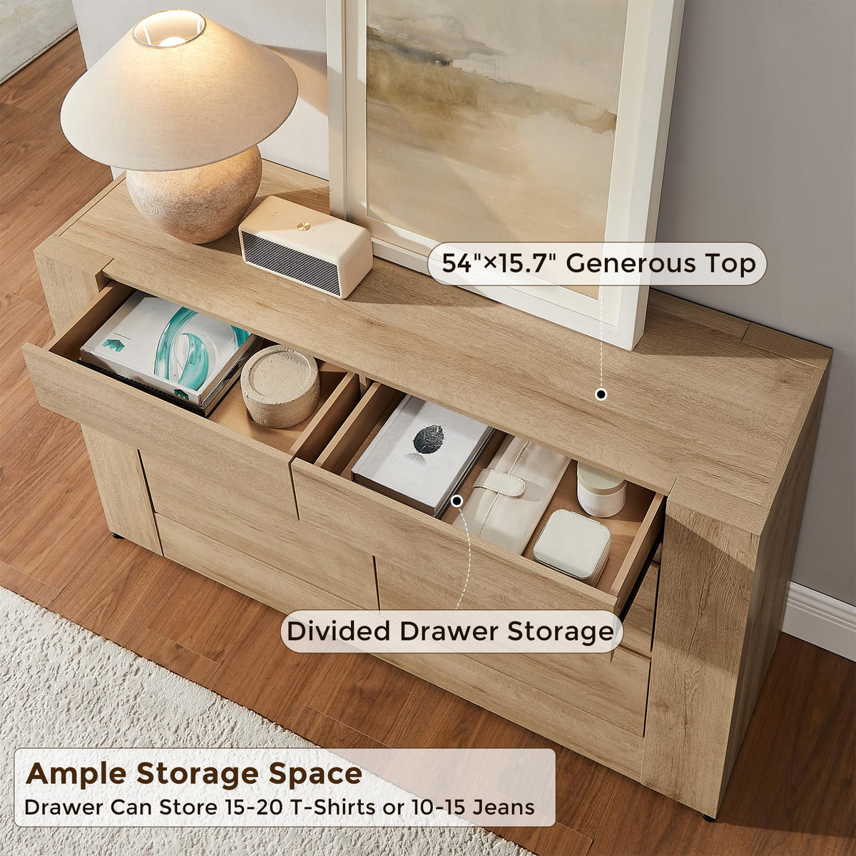 OKD 6 Drawer Dresser for Bedroom, 54" Wide Chest of Drawers with Thick Wood Design, Handleless, Modern Bedroom Dresser, Storage Organizer for Living Room/Entryway/Hallway, Natural Oak