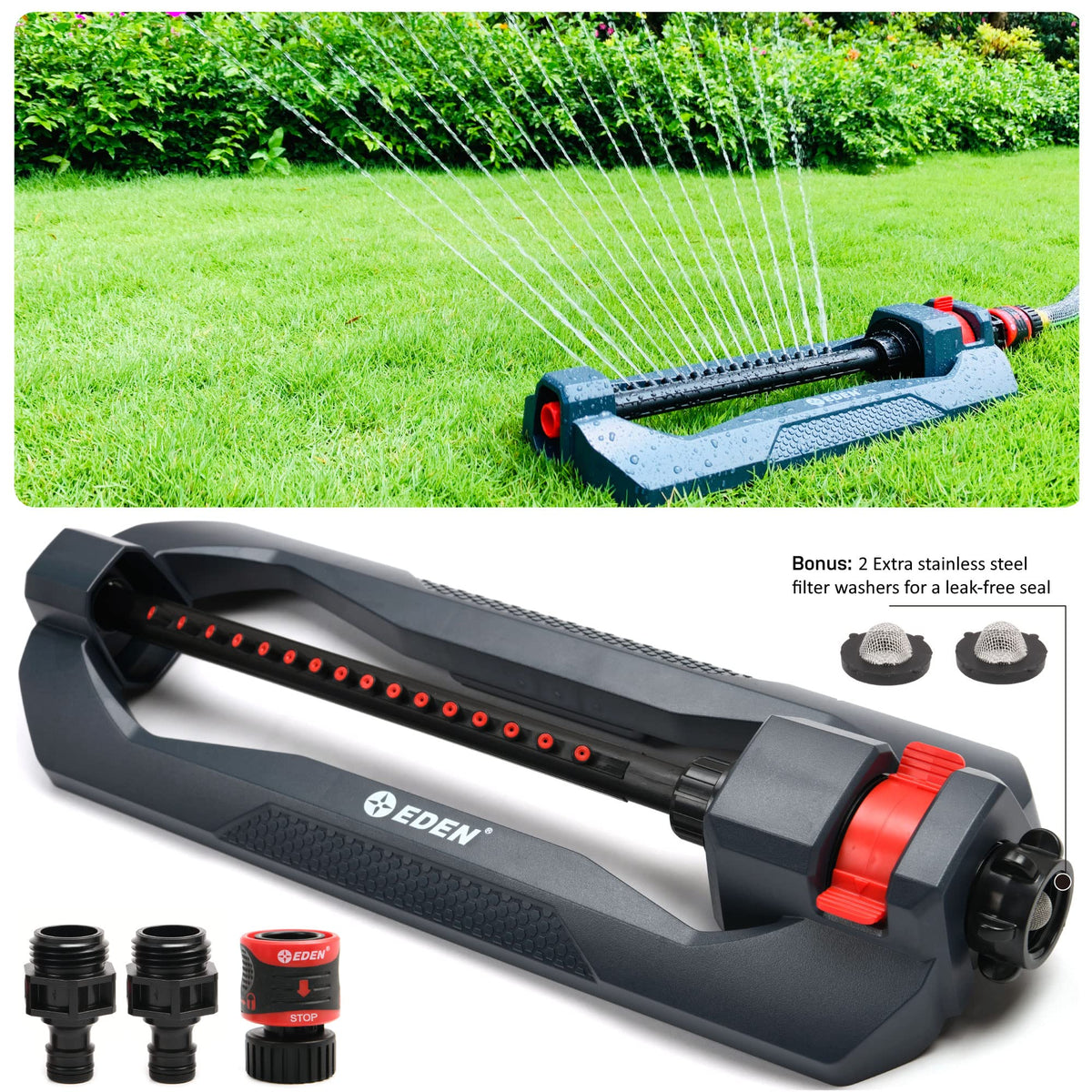 Eden 96213 Essential Turbo Oscillating Water Sprinkler, Covers Up to 3,600 sq. ft., 16 Nozzles, Weighted Base, Adjustable Range, Quick Connect Bundle, Dark Grey, Red, Silver