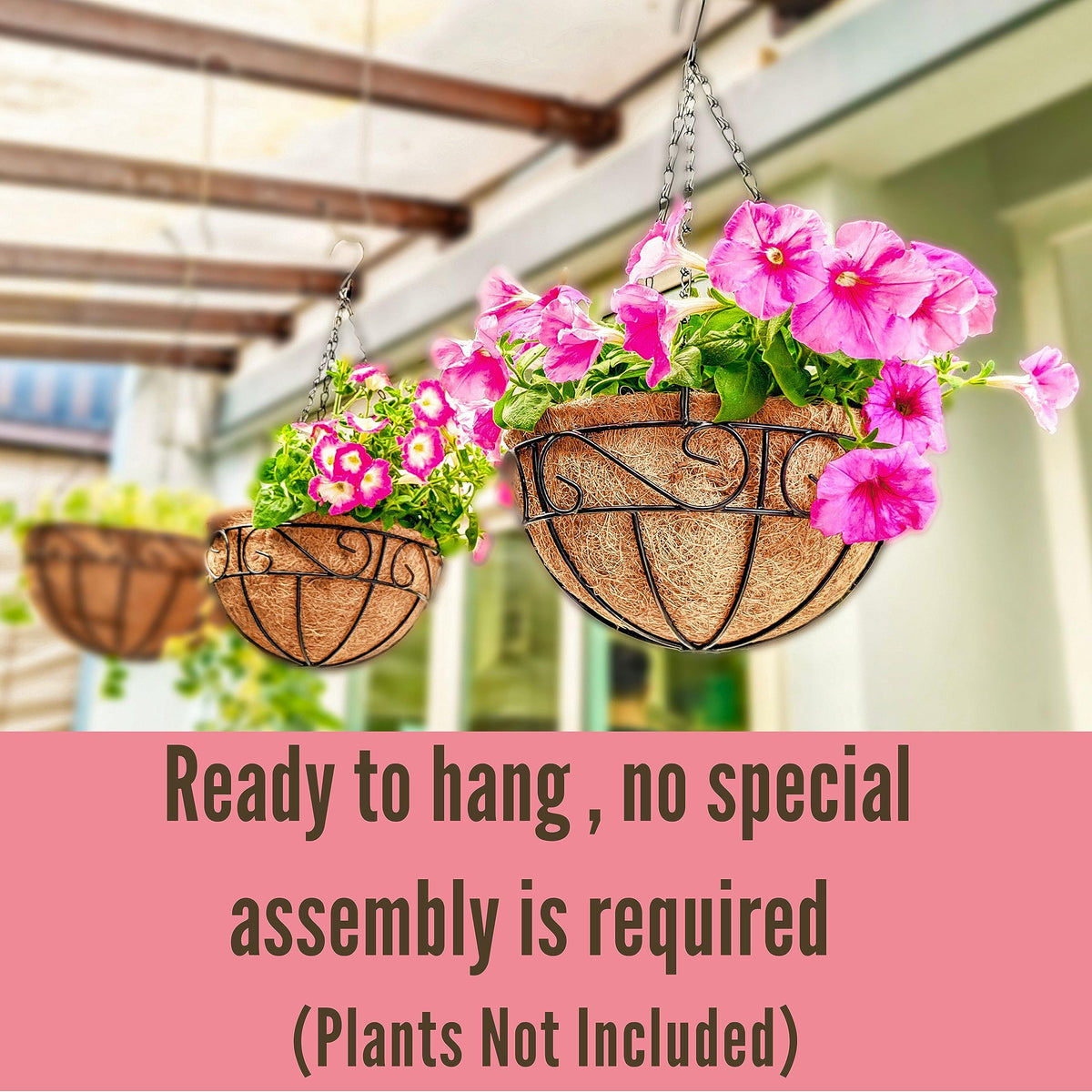 LaLaGreen Hanging Planter for Outdoor Plants (10 Inch, 2 Pack) Hanging Baskets with Coco Liner, Black Metal Wire Flower Basket Pots with Hook Hanger Balcony Porch Farmhouse Country Style Garden Decor