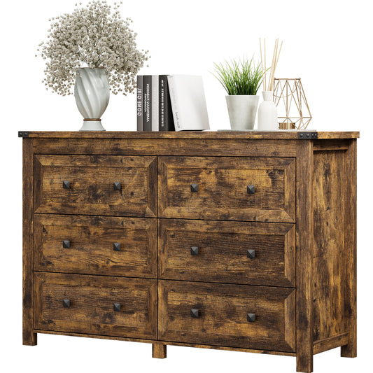 Dresser for Bedroom with 6 Drawers, Farmhouse Wood Chest of Drawers, Wide TV Stand Closet Storage Furniture with Metal Handle, Modern Clothes Organizer for Hallway, Living Room, Entryway, Brown