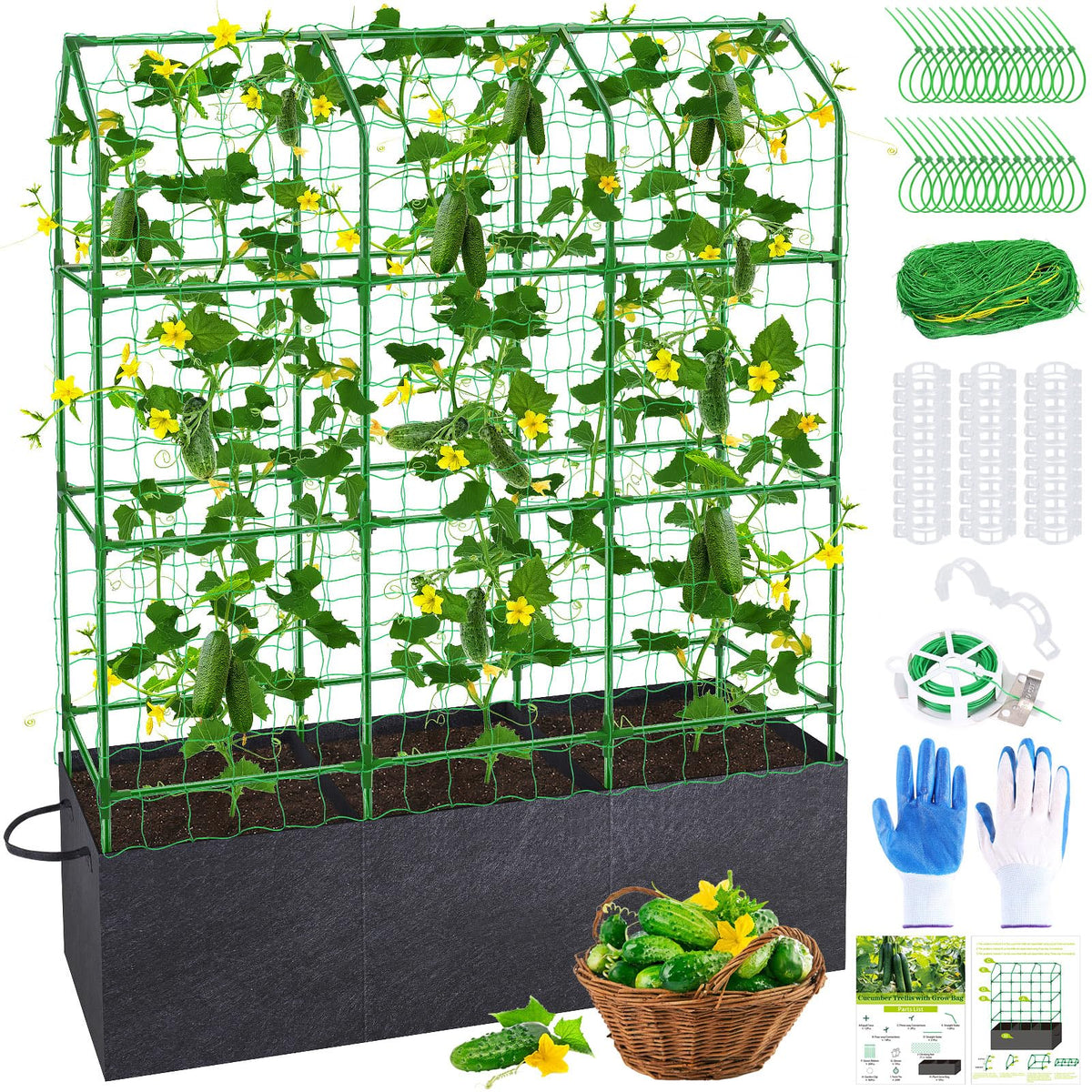 50x65x18 Inch Cucumber Trellis for Raised Bed - with 46 Gallon Grow Bags, Garden Trellis for Climbing Plants Outdoor with Climbing Net and Plant Support for Cucumber, Tomato, Vegetable, Grape, Vine