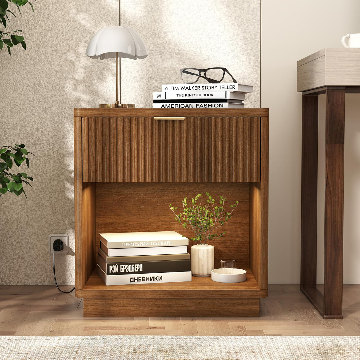 Miereirl Fluted Nightstand with Charging Station, Vintage Modern Night Stands Storage Cabinet Wooden Bedside Table with Metal Handle Drawers, Walnut Oak