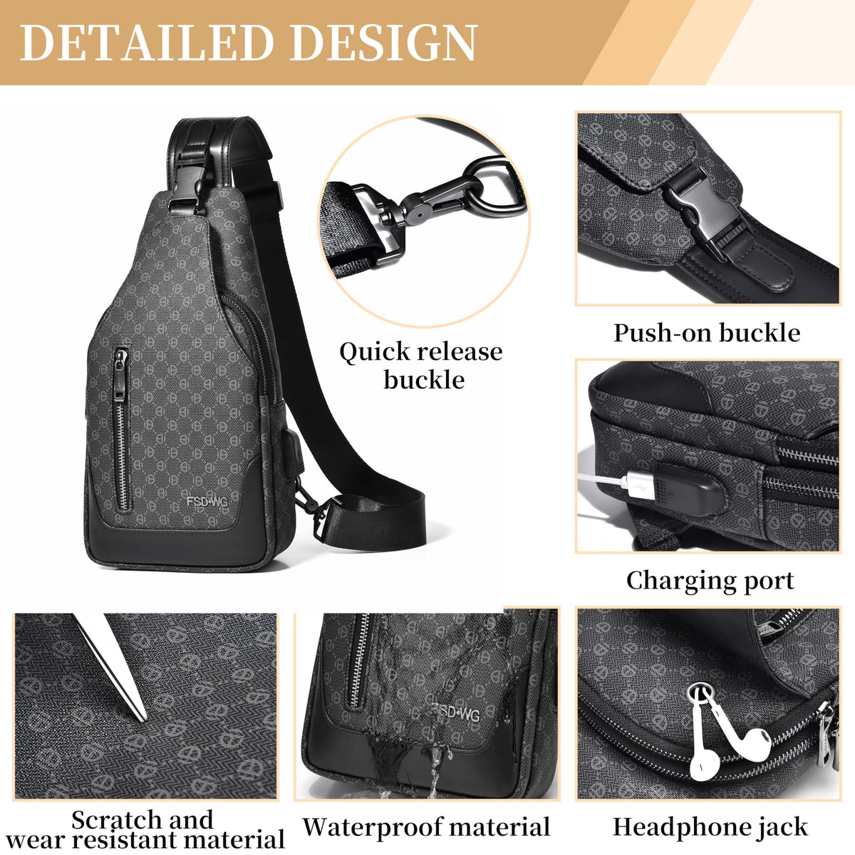 FSD. WG sling Backpack for Men Chest Bag Crossbody Shoulder Bags Travel Hiking Bag Purse for Men with Water Resistant