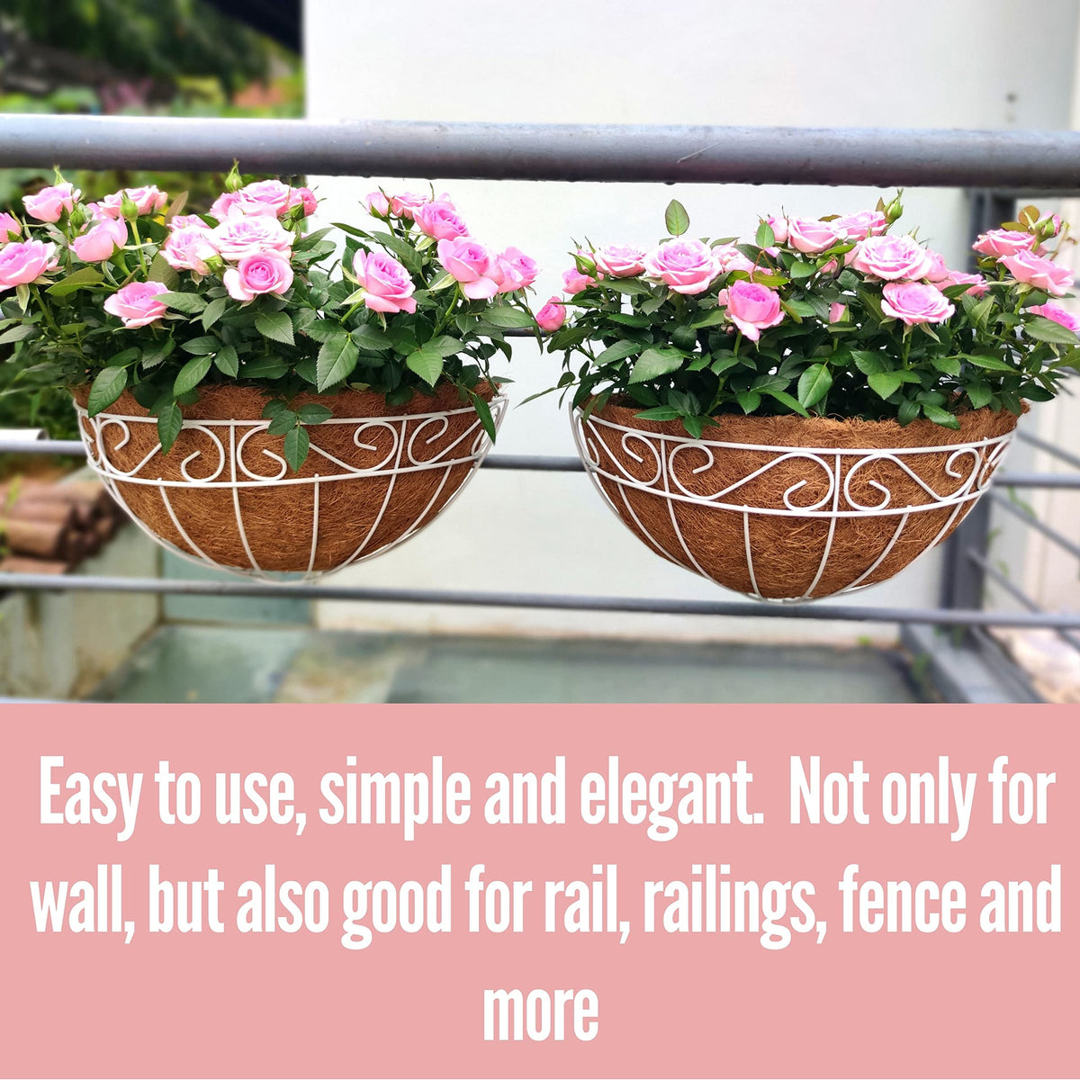 LaLaGreen Wall Mounted Flower Baskets (2 Pack, 12 Inch) Wall Hanging Planter with Coco Liner for Outdoor Plants, White Metal Wire Elegant Herb Pots Holder Fence Railing Deck Porch Balcony Garden Patio