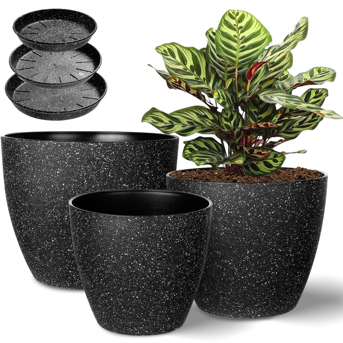 Vanavazon Plant Pots 9/8/7 Inch Set of 3 Flower Pots Indoor Outdoor Plastic Planters with Drainage Hole and Tray (Speckled Black)