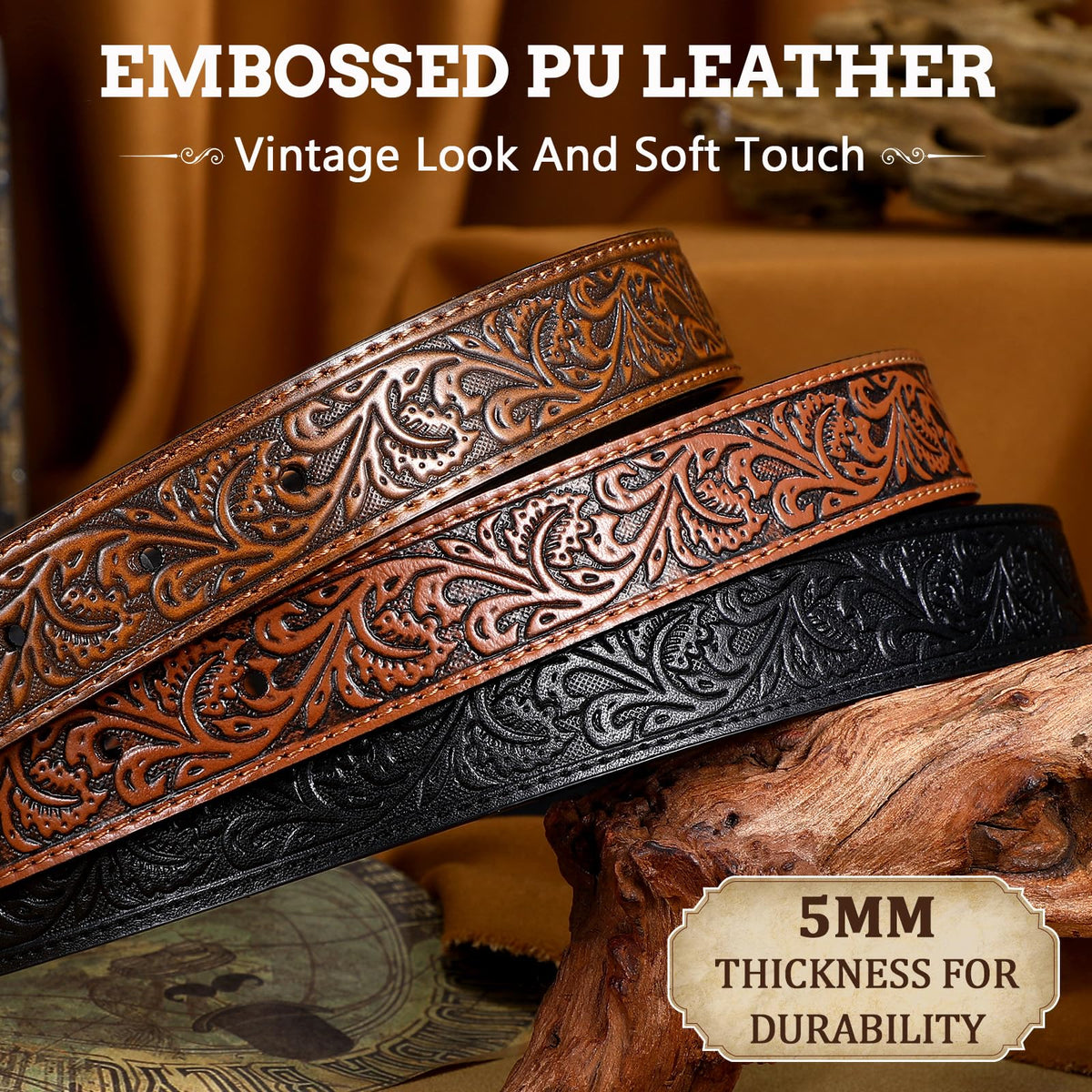 JKEEMI Kids Cowboy Belt for Boys Girls, Removable Buckle and Adjustable Embossed PU Leather Girls Boys Western Belt for Jeans