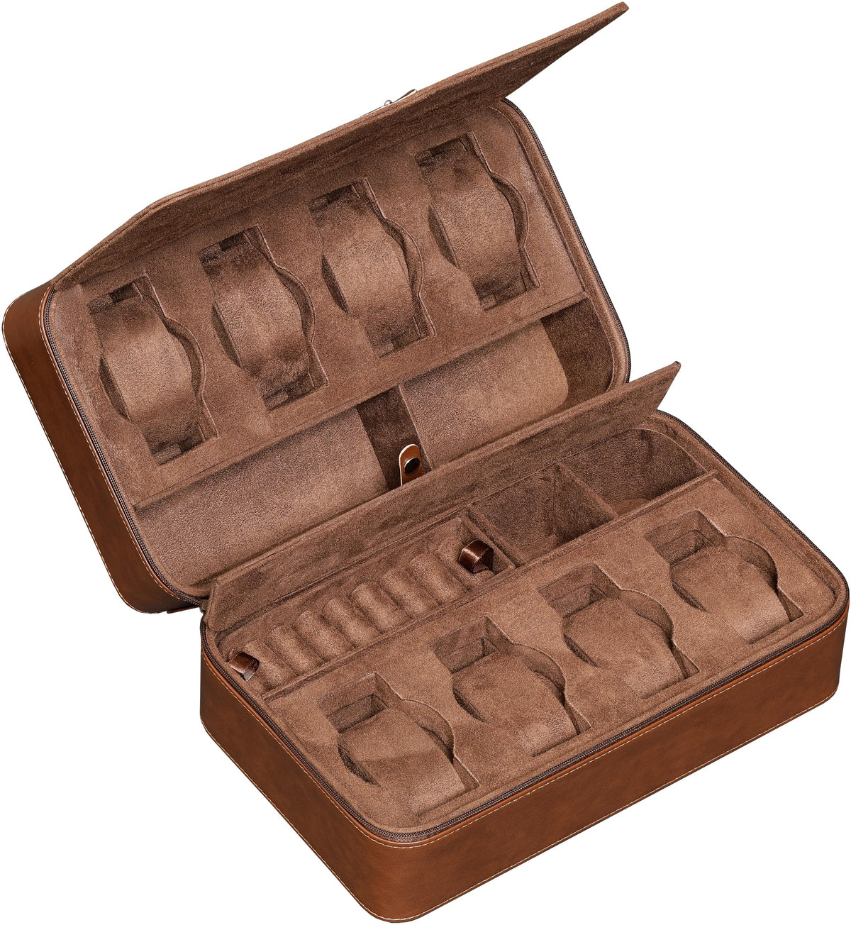 ROTHWELL 8 Watch Travel Case Storage Organizer for 8 Watches, Sunglasses, Rings & Cufflinks |Tough Portable Protection with Zipper Fits Most Wristwatches & Smart Watches Up to 50mm (Tan/Brown)